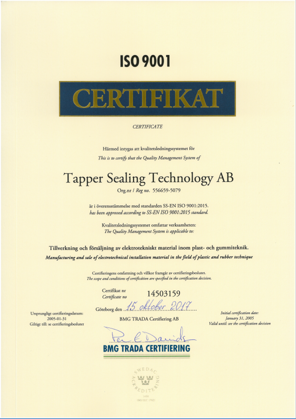 ISO 9001 2015 for tapper sealing technology