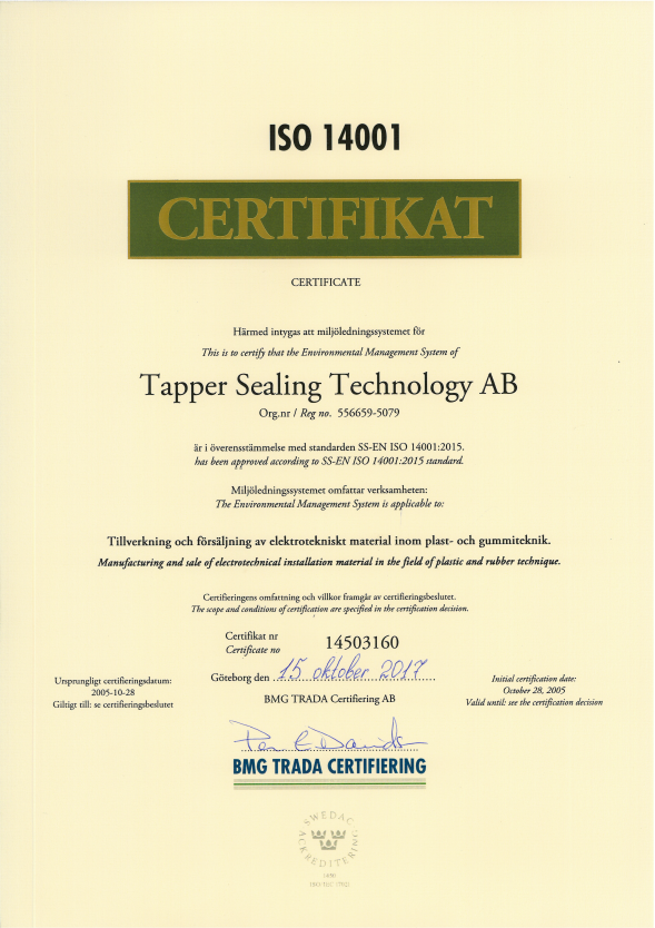 ISO 14001 2015 for tapper sealing technology
